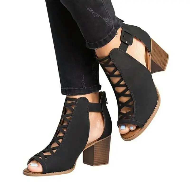 Large Size Beige Heeled Sandals Open Toe Buckle 2025 Women's Ladies Shoes Summer Big Black Block Peep New Gladiator Comfort Fash