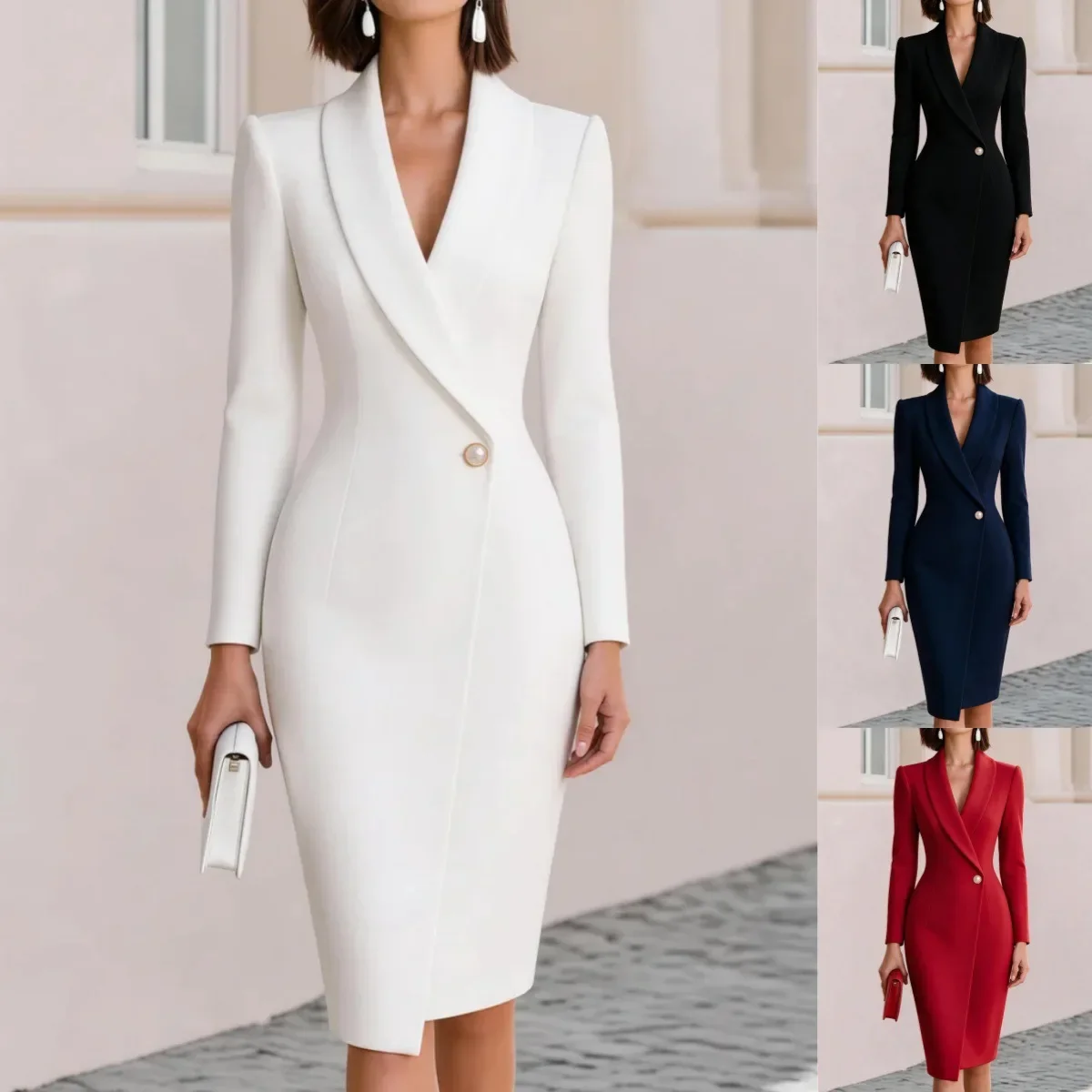 Elegantes Damen-Midikleid mit V-Ausschnitt, Blazer-Stil, Langarm, Wickeldesign, Ein-Knopf-Bodycon-Kleid – Detail 2