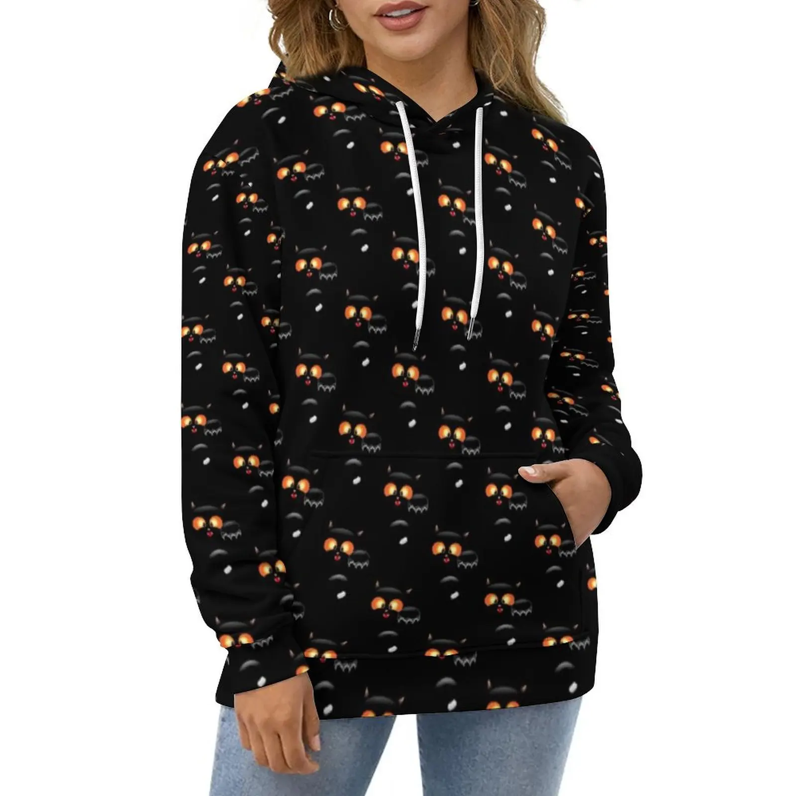 Spooky Black Cat Hoodies Long Sleeve Happy Halloween Casual Pullover Hoodie Winter Classic Oversized Loose Hooded Sweatshirts