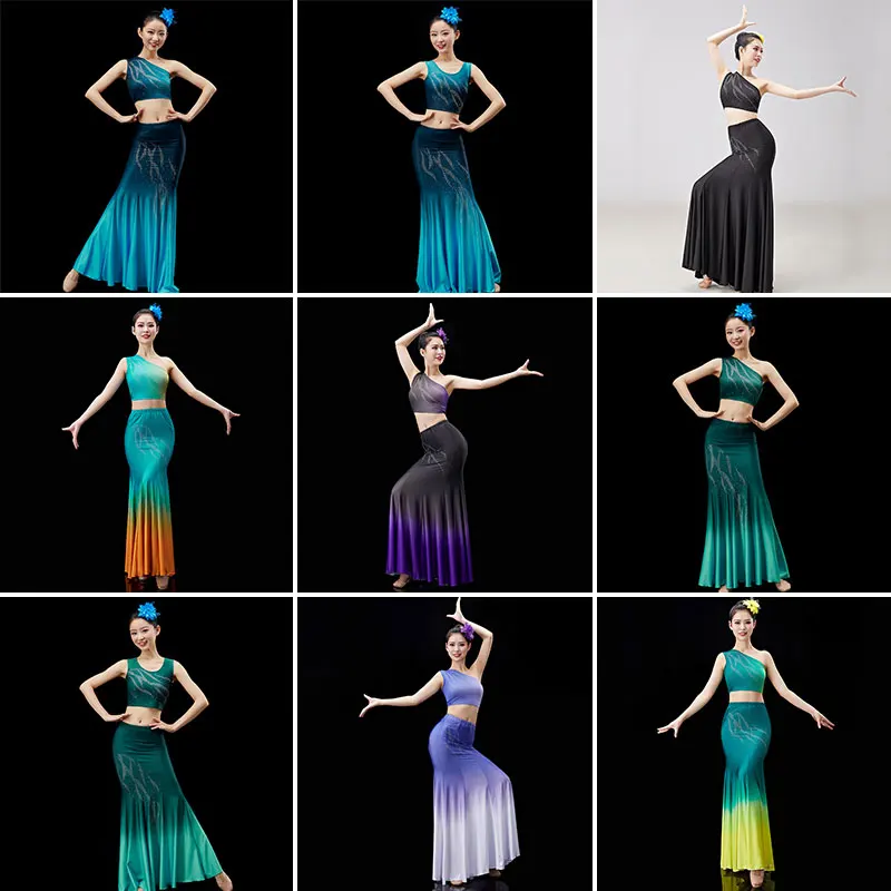 Women National Dance Dress Fish Tail Leotard Skirt +Top Suit Peacock Traditional Dai Dance Costumes Stage Performance Dancewear