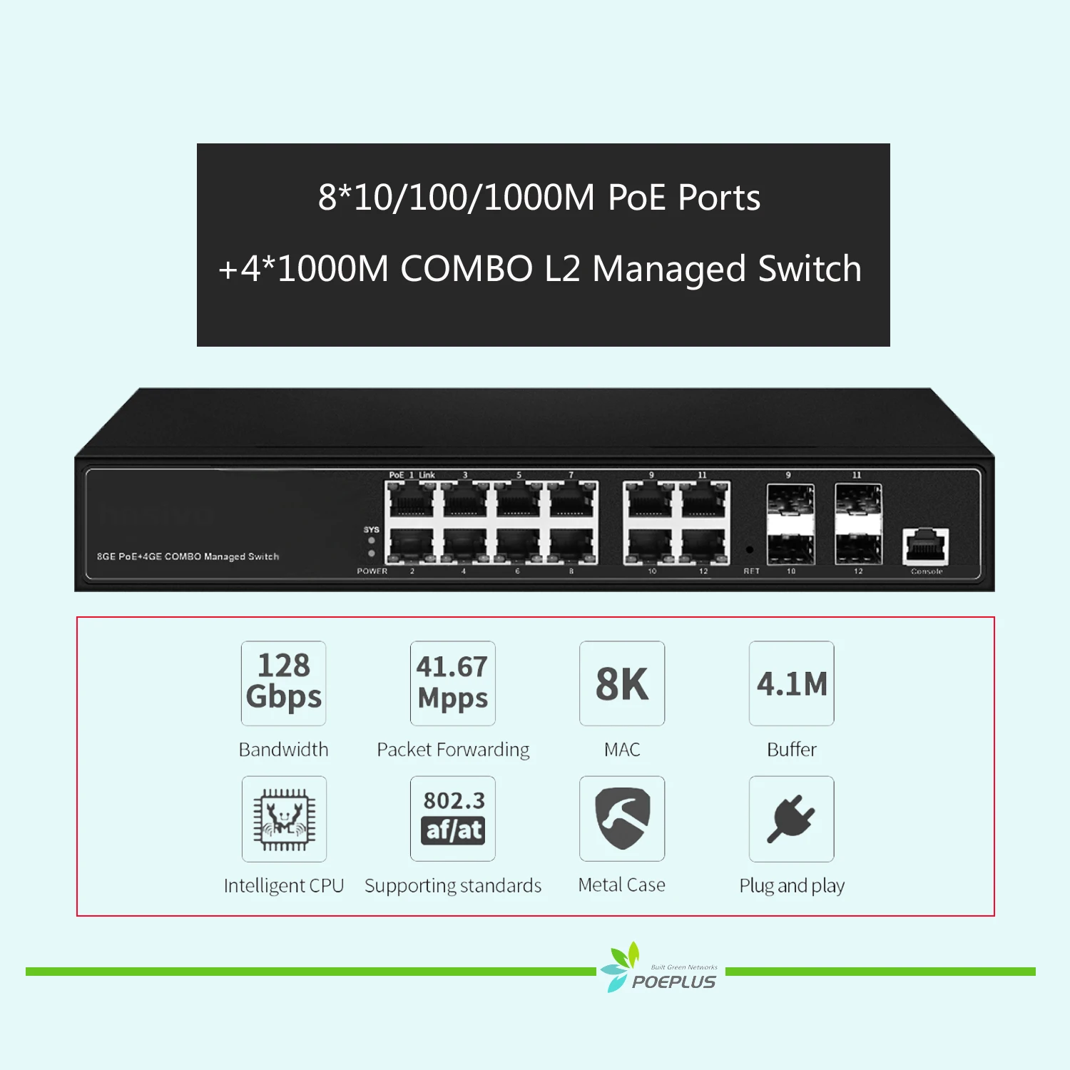 all gigabit 8 ports POE or NON L2 managed switch with 4 combo uplink