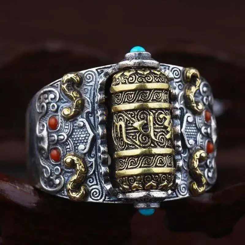 

Hand Crafted Silver Color Tibetan Prayer Wheel Ring Buddhist OM Mani Padme Hum Ring Good Luck Turning Man Ring Resizable