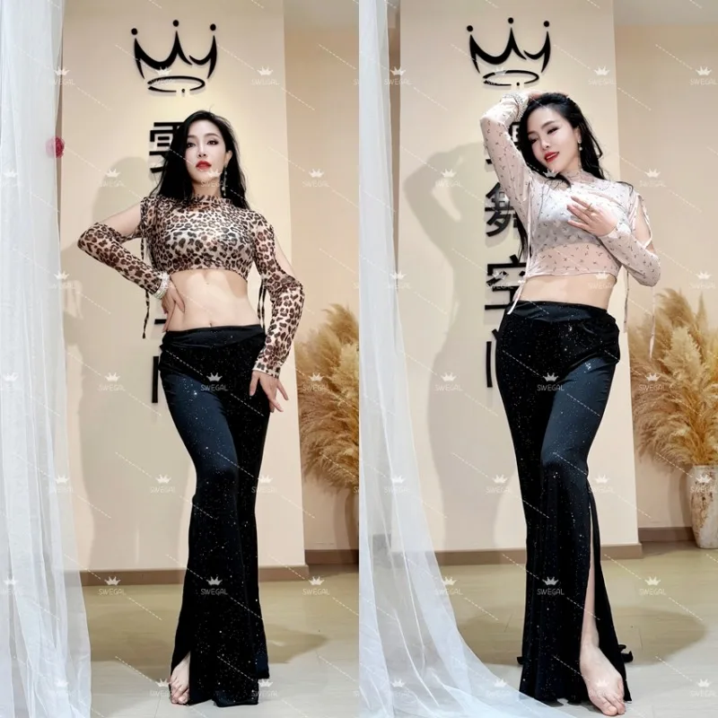 

Индивидуальный тренировочный наряд для танца живота Swegal, костюм для восточного танца, сетчатый топ с серебряными посыпчатыми большими распашными брюками