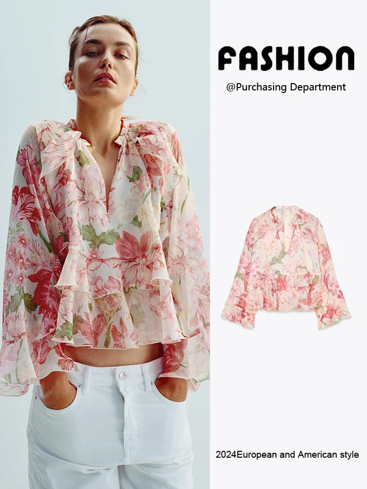 

Весна 2025: Новая женская модная блузка с длинным рукавом, принтованная, с многослойным декором, в этническом стиле, для сценических выступлений, премиум-одежда для женщин