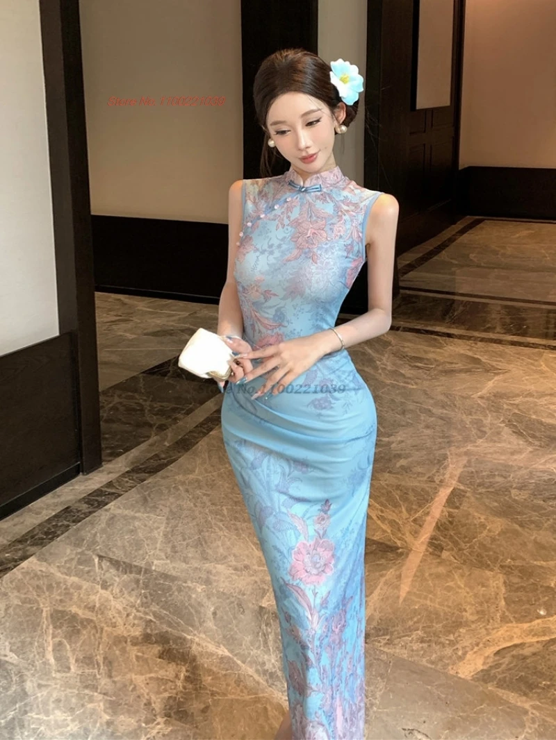 

2026 chinese improved mesh cheongsam sleeveless nightclub qipao flower print evening party dress vintage banquet nightclub dress