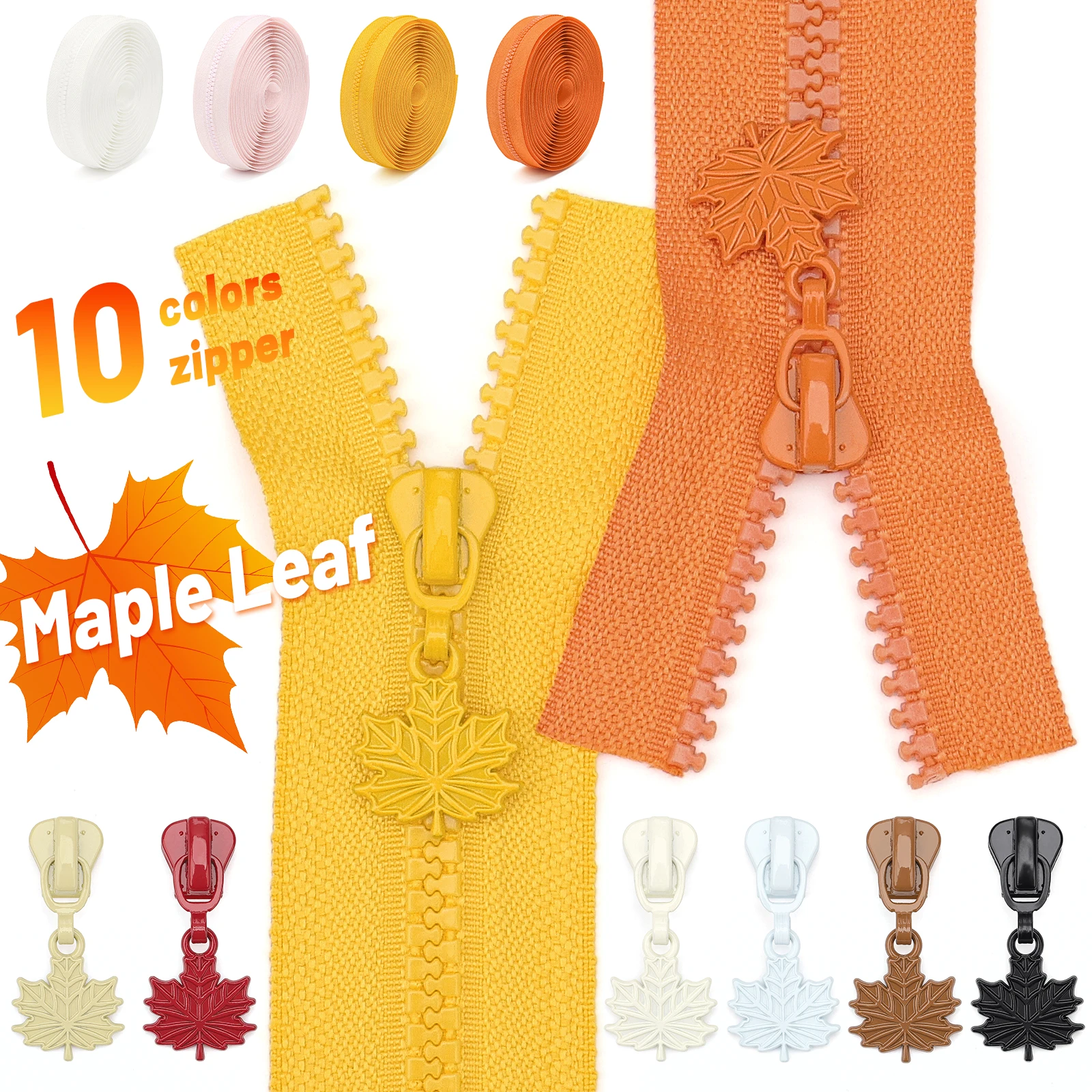 【 # 5er-Set Reißverschluss- und Blatt-Zipper-Ziehgriffe aus Kunstharz】1 Set = 5 Yards (177,16 Zoll) # 5 Reißverschlüsse aus Kunstharz + 10 Reißverschlussanhänger in Blattform