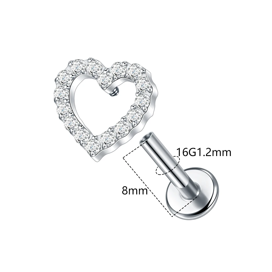 1pcs Titanium Heart Zirconia Helix Stud Earrings Internally Threaded Cartilage Tragus Labret Nose Piercing Body Jewelry