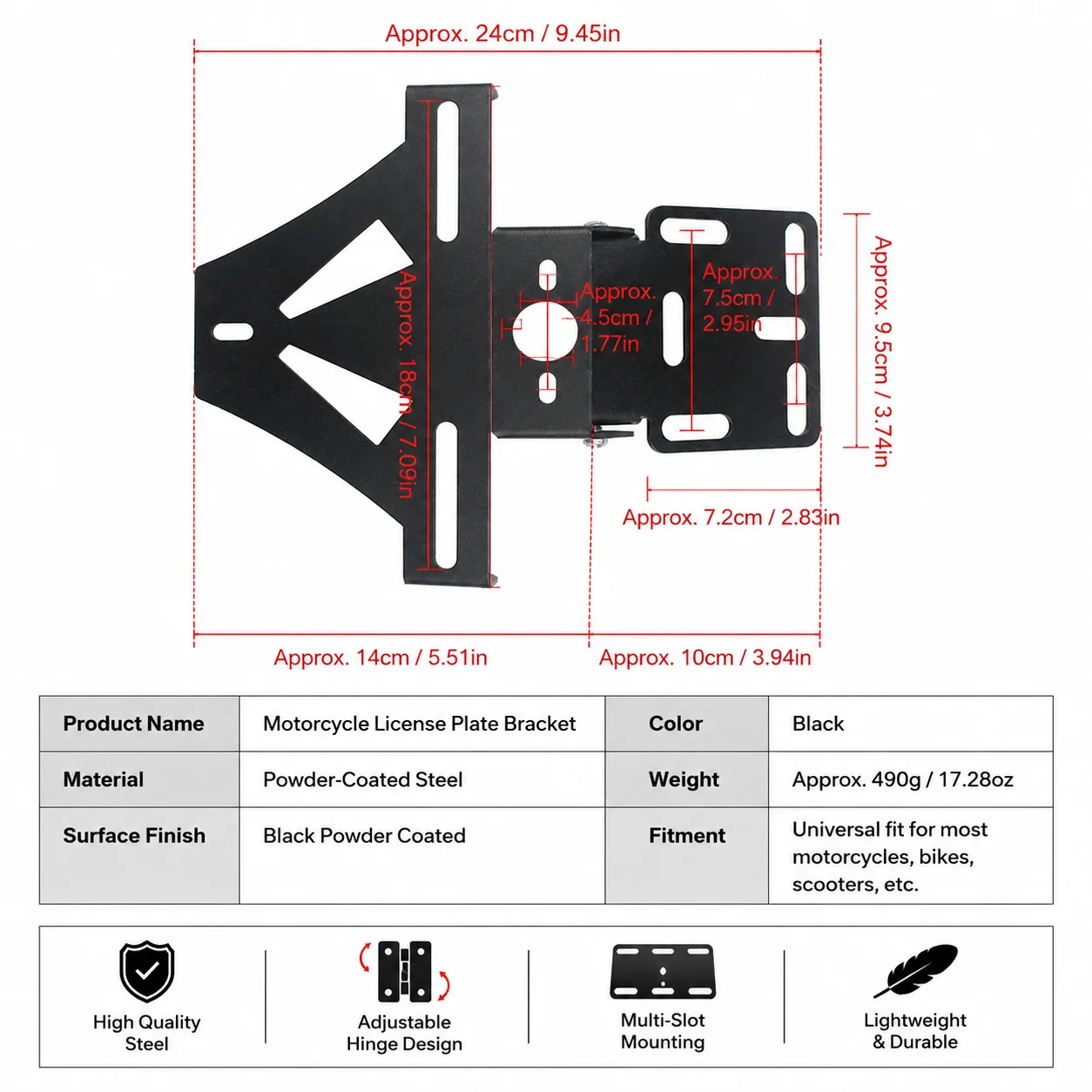 Universal Adjustable Motorcycle License Plate Bracket, Integrated Tail Light Turn Signal Holder, Multi-Slot Fender Eliminator