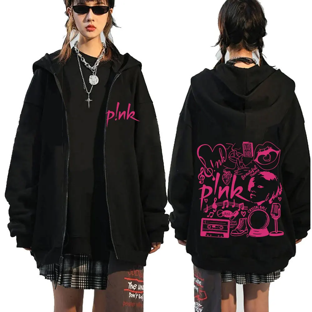 P!nk Pink Singer Summer Carnival 2024 Tour Zipper Hoodies Harajuku Vintage Hoodie Men's Women Zip Up Sweatshirts Fans Gift Y2K