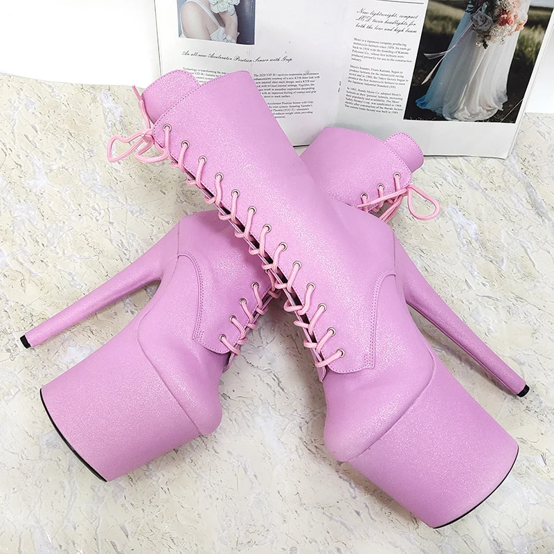 Pink Stripper Pole Dance Platform Ankle Boots 20cm Exotic Dancer Shoes Stiletto Heels 8inches Lace Up Women Sexy Fetish stage
