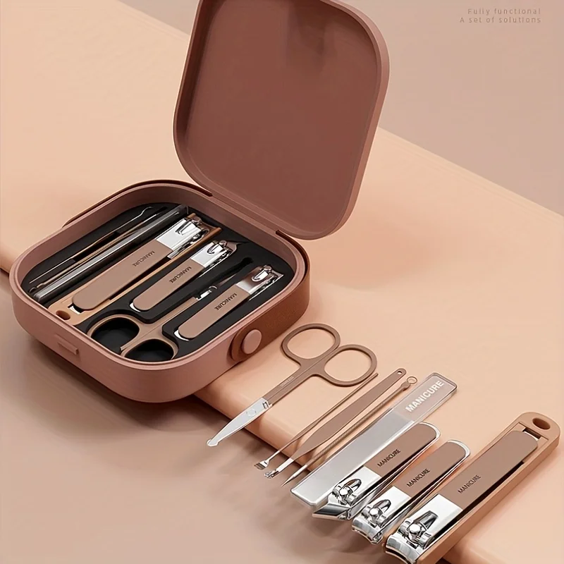 Conjunto de cuidados com as unhas, 8 peças, uso doméstico, caixa de transporte, cortador de unhas à prova de respingos, pinças de cutícula de alta qualidade, kit de ferramentas especializadas