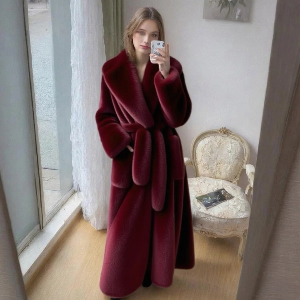 2025年冬 アメリカンスタイル レディースファッション レトロ フェイクファーコート エレガント 気品 ソーシャライト 厚手 プラッシュ レースアップ ロングジャケット