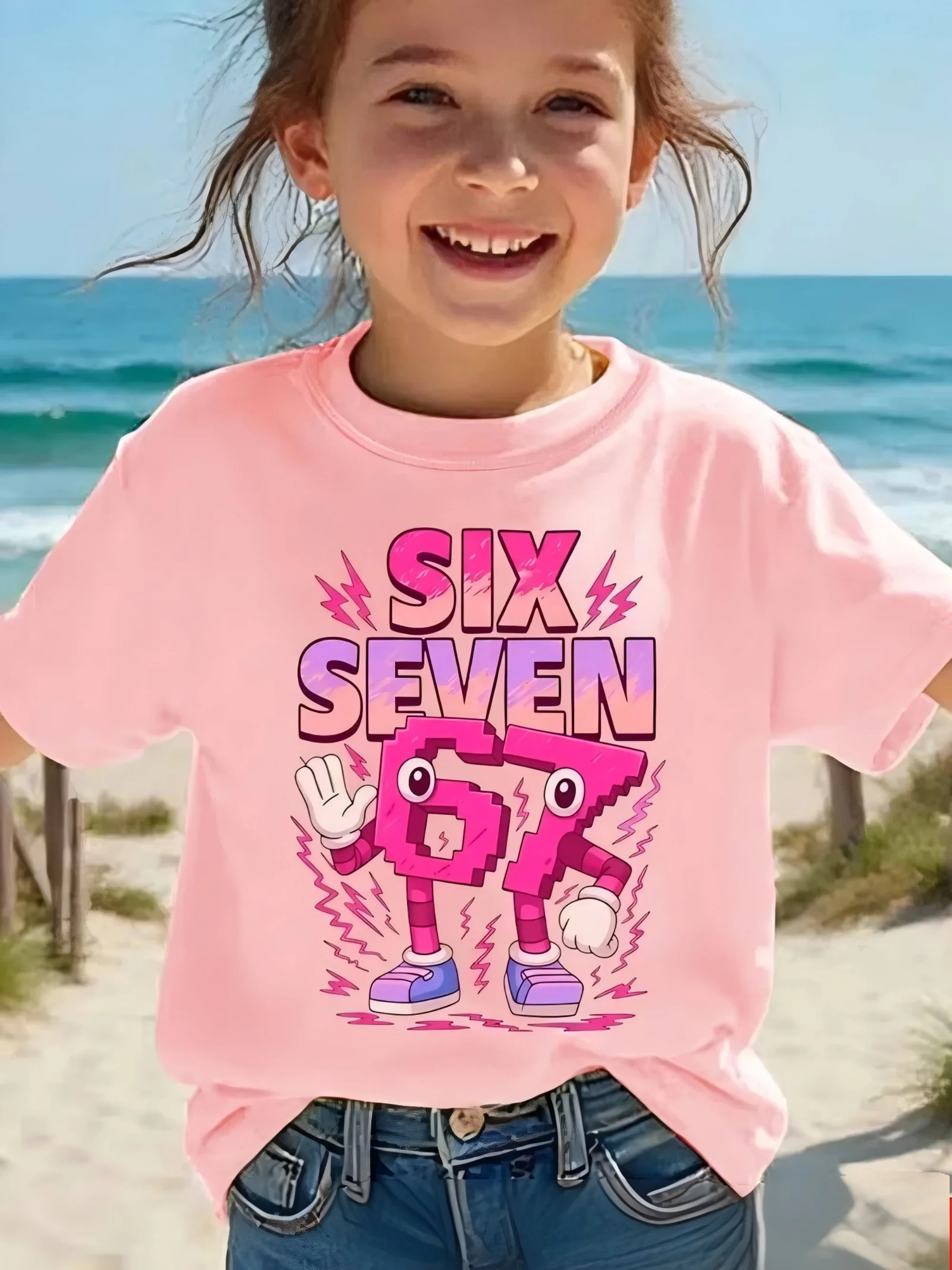 Short sleeve t-shirt for girls, summer fashion, number six, seven, pink color, TV cartoon print, versatile casual top