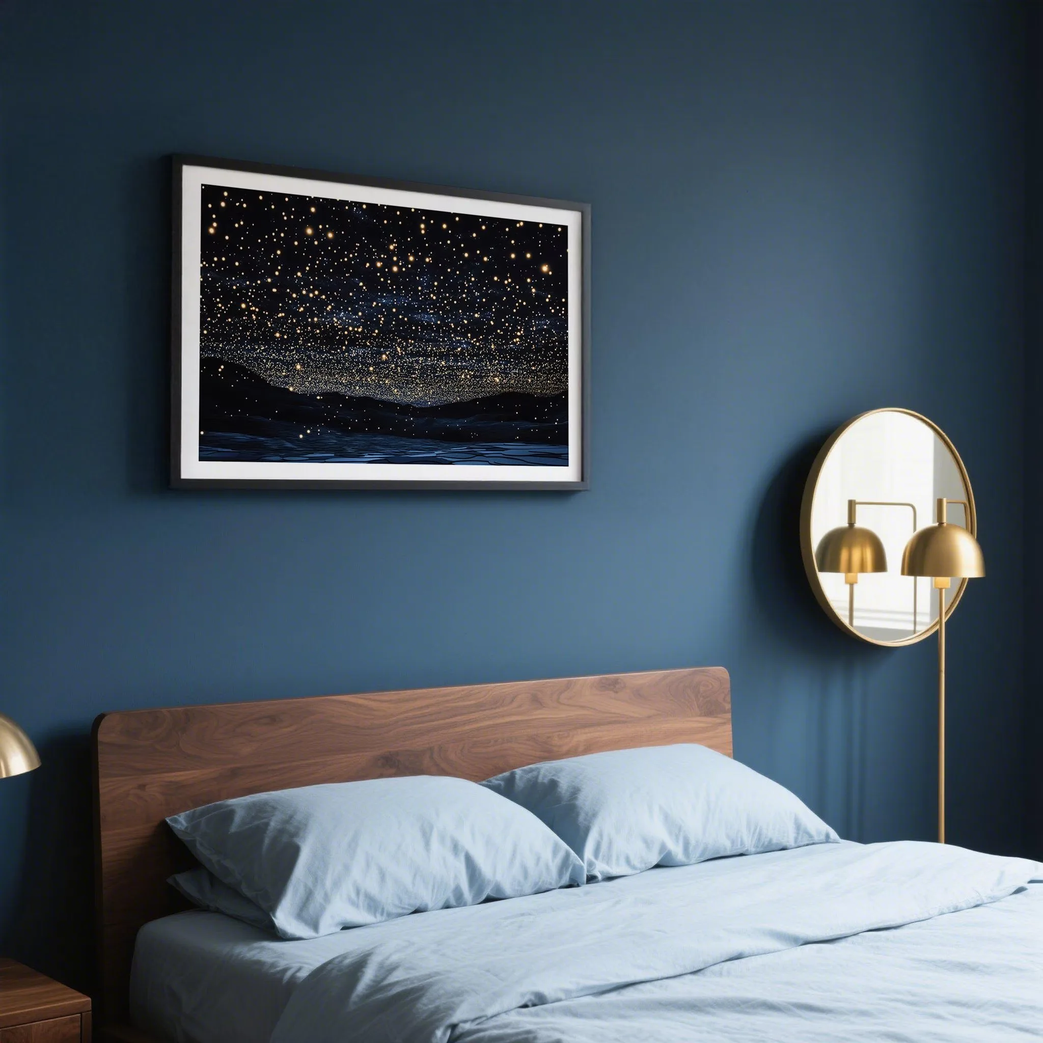

Night sky wall art print Starry sky poster Horizontal glowing stars picture for bedroom or living room Blue modern office decor