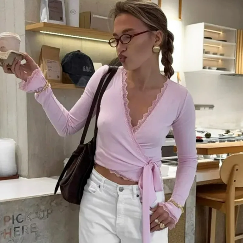 

Ticketsx Sexy Lace Patchwork Top Solid Fashion Plunge Lace Up Long Sleeve Slim Women's Tops Vintage Vacation Y2K Female Clothing