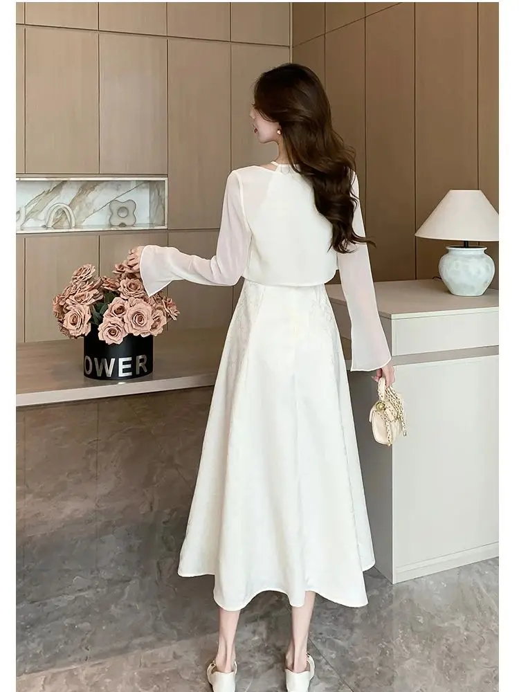 Summer Elegant Lady Fashion Two Piece Dress Sets New Women Short Cardigan Top + A Line Sexy Off Shoulder Mid-Length Dress Suits