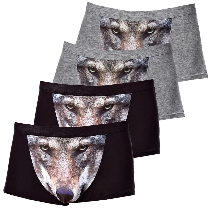 4pcs/lot Men\'s Panties With Wolf Men\'s Boxer Briefs Funny Men Underpants Modal Soft Mens Underwear 3D Bulge Pouch Boxers Man