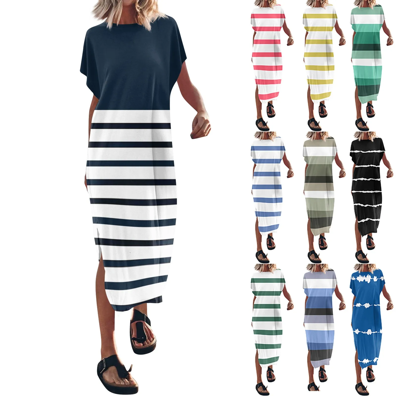 Robe t-shirt à manches courtes pour femmes, col rond, décontracté, High Street, rayé, patchwork, poche, robes maxi assorties, été, nouveau