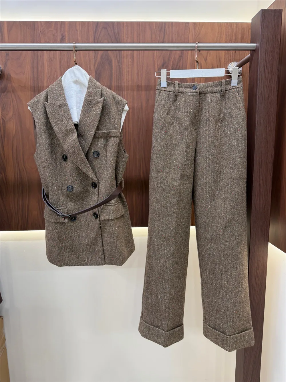 Women's Wool Suit Set,  High-Quality Thin Fit, Tie-Waist Slimming Vest with belt, Wide-Leg Pants, Elegant 2-Piece Set