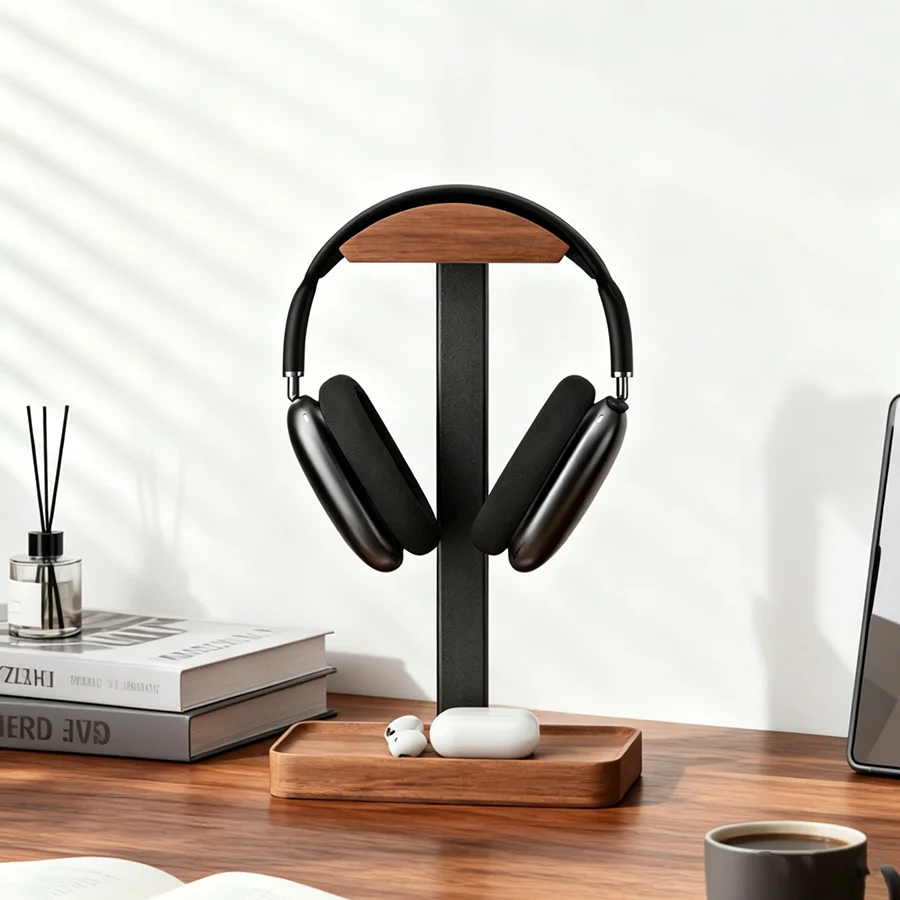 Suporte para Fones de Ouvido em Madeira Sólida Nogueira Preta + Liga de Alumínio, Suporte para Headset Gamer, Prateleira de Exibição com Base de Armazenamento