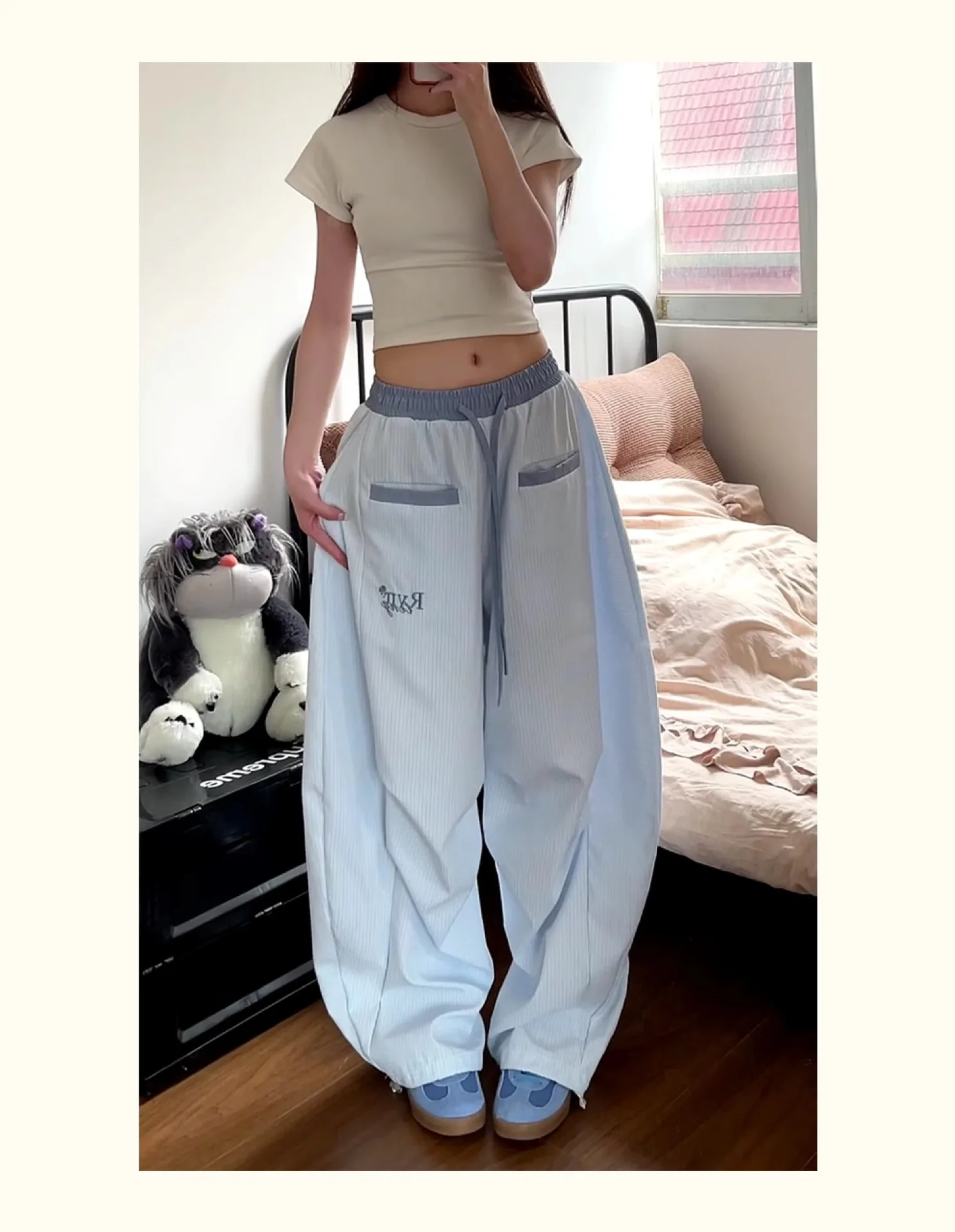 Streetwear Hip Hop Plaid cargo Pant Women Summer Design Scimitar Jazz Dance Wide Leg Pants High Waist Loose All Match Long Pants