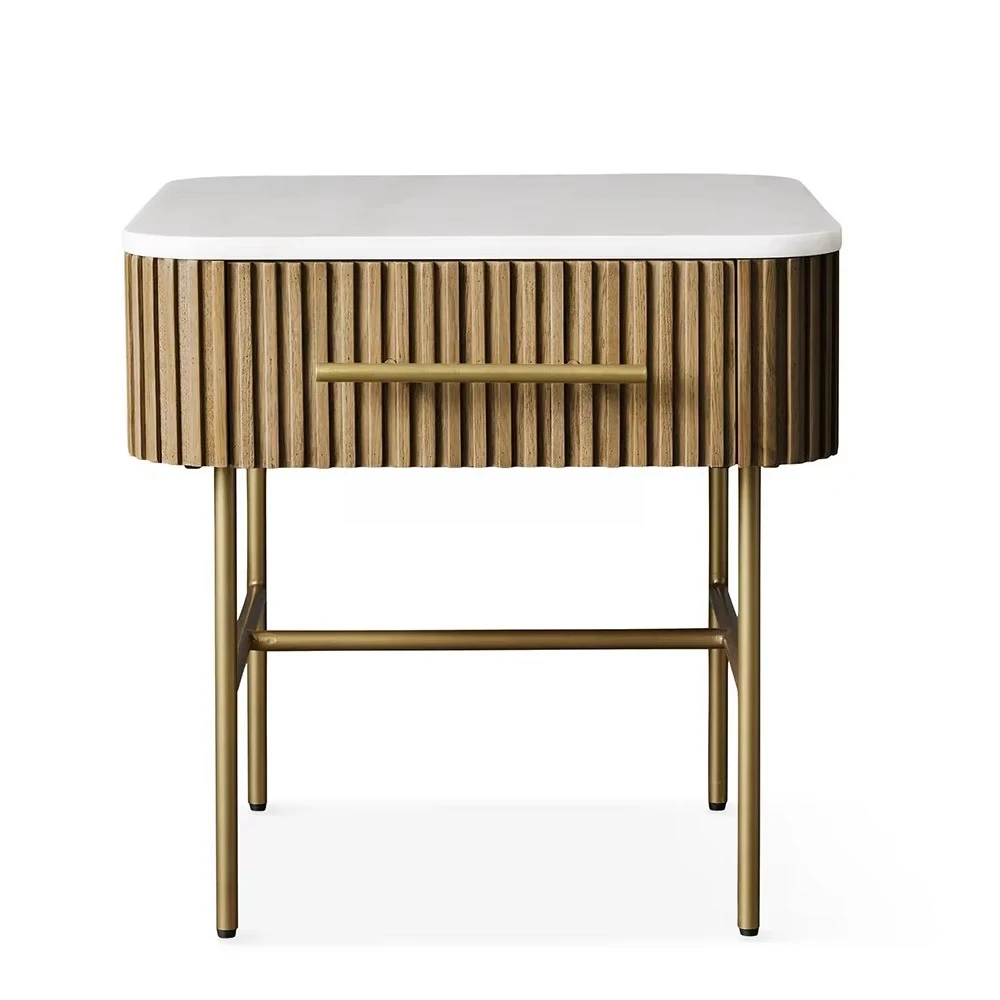 eo-Modern Solid Wood End Table for Home Living Room Furniture with Stainless Steel Base and Stone Top Featuring Drawer#