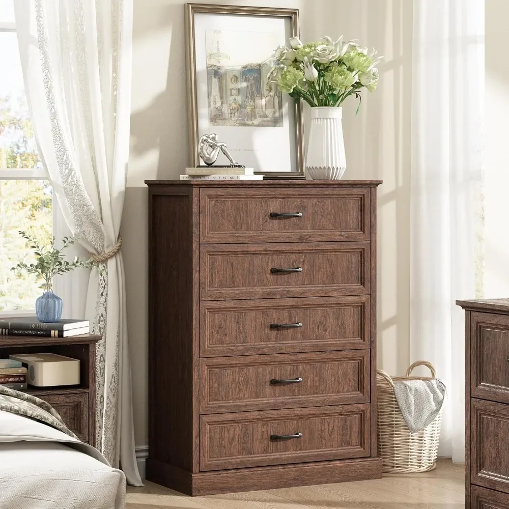

Farmhouse 5 Drawers Dresser for Bedroom, 44" Tall Brown dresser Wood Rustic Chest of Drawers with Wide Metal Handle,Natural Text
