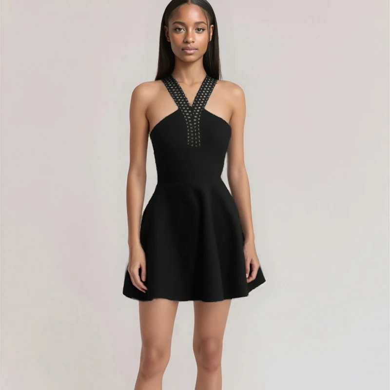 여성용 백리스 블랙 컷아웃 A라인 붕대 드레스 우아한 셀럽 이브닝 파티 카니발 럭셔리 생일 가운