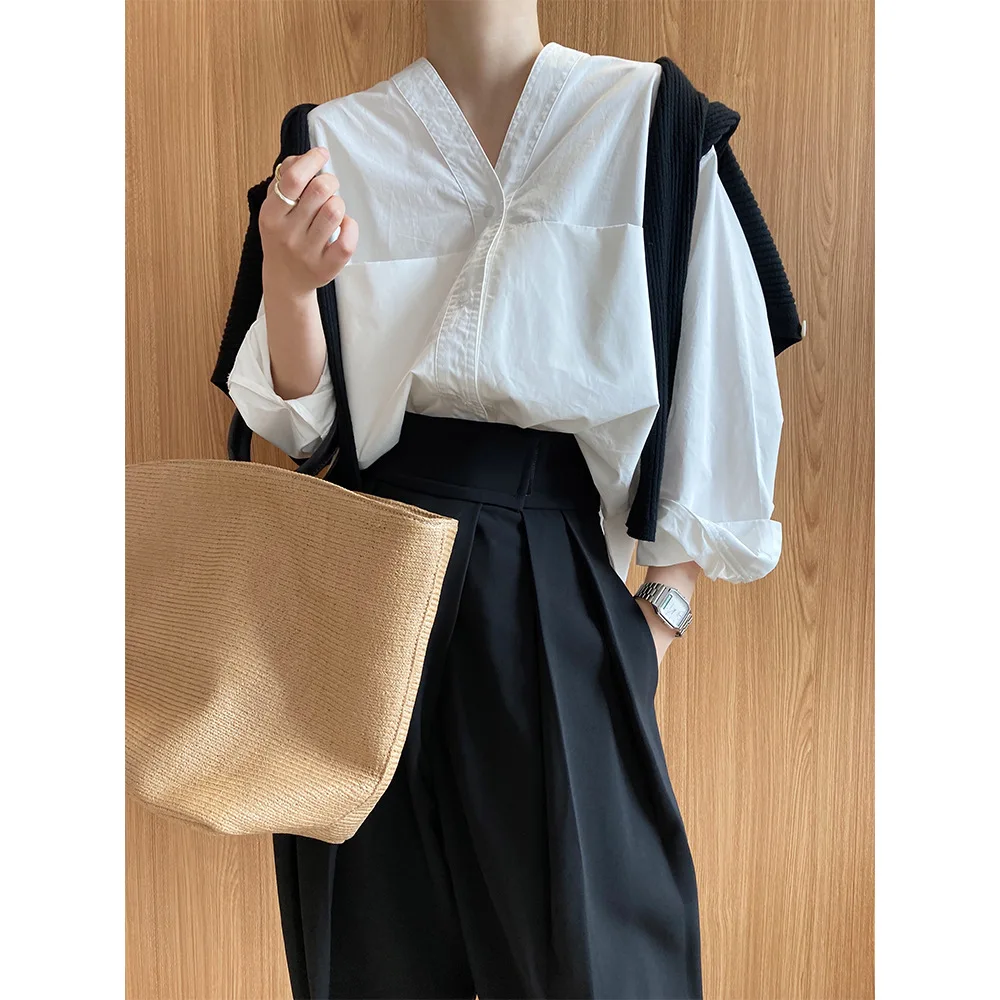 Simple V-Ne Long Sve Women's irt Spring 2023 Design Sensation  Lazy Sle Cotton Casual Loose Fit Open Cardigan