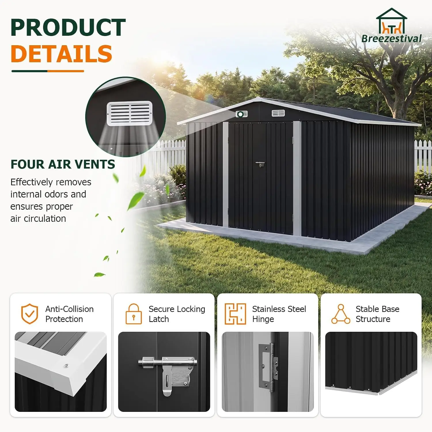 10x12FT Outdoor Storage Shed with Floor Black, Customized