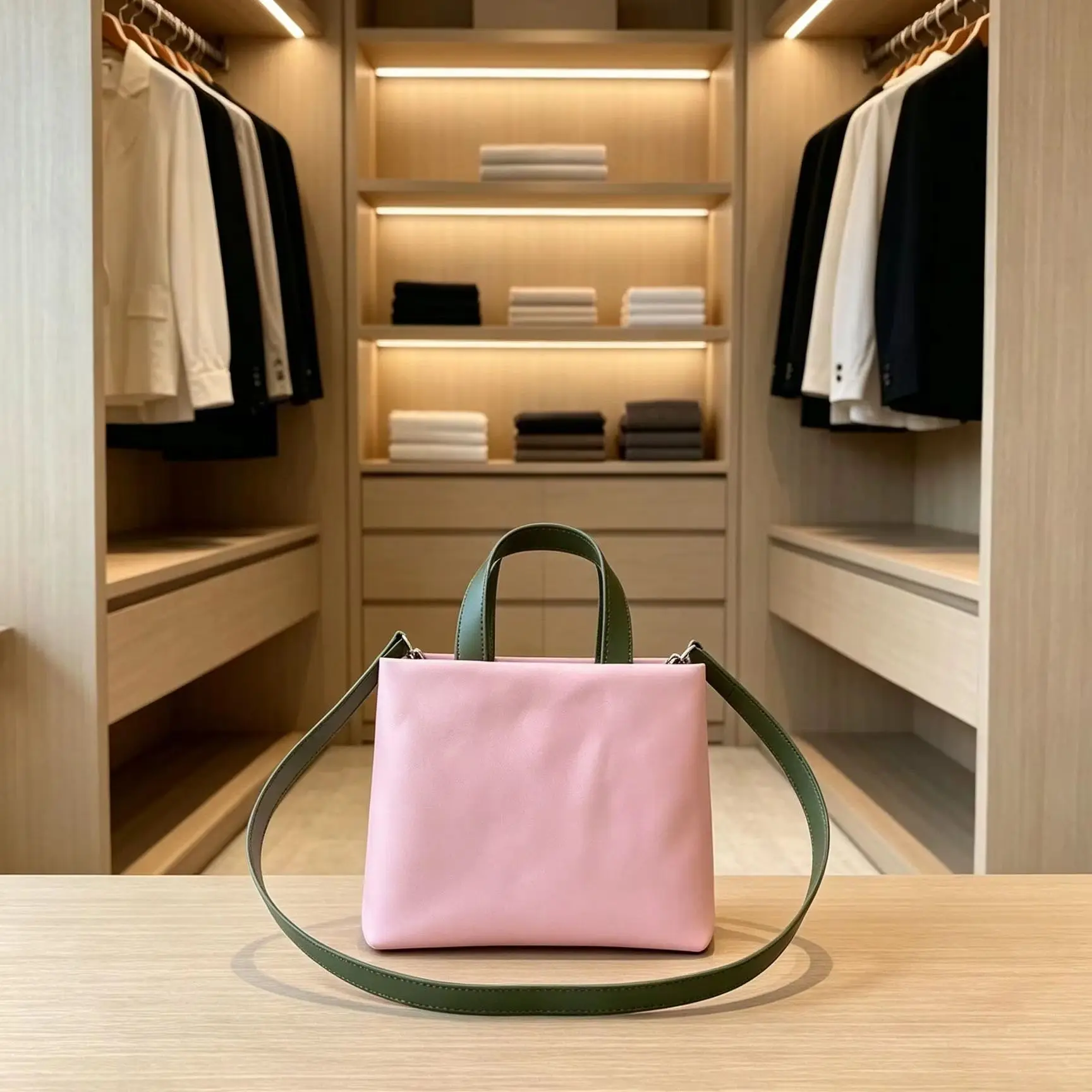 Pink Color Block Tote Bag Green Top Handle Detachable Wide Crossbody Strap Small Leather Handbag