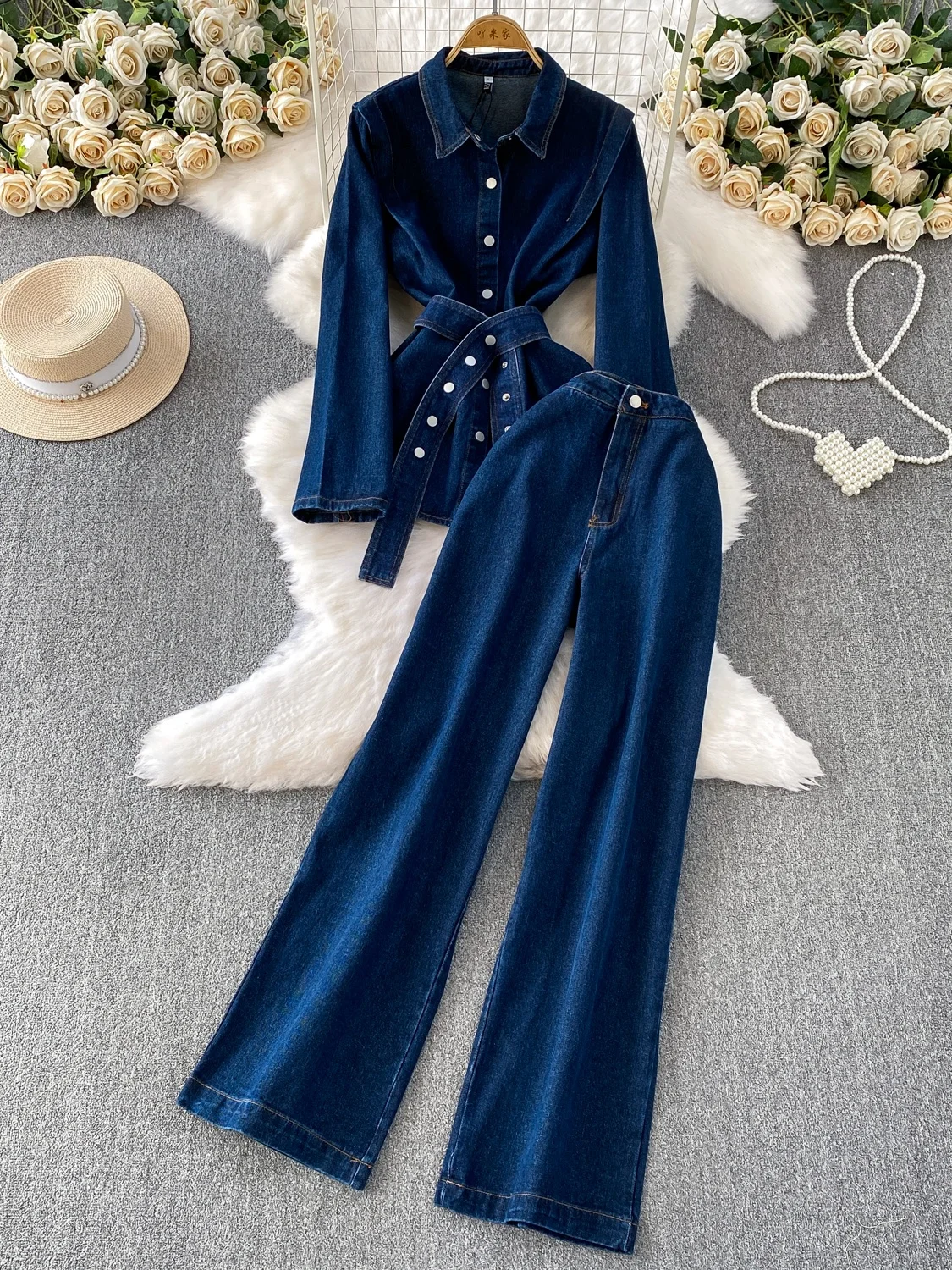 Retro Hong Kong Sle Single Button Slim Fit Denim Jaet High Waist Wide Leg Pants Two Piece Set Autumn Winter Faion Ensemble