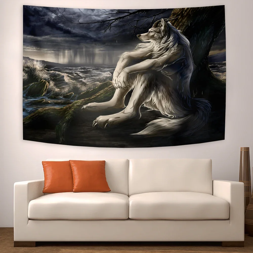 Emo White Wolf Sitting Meme Tapestry Werewolf Tapestries For Bedroom Printed Home Decoration Paintings Room Wall Hanging Posters