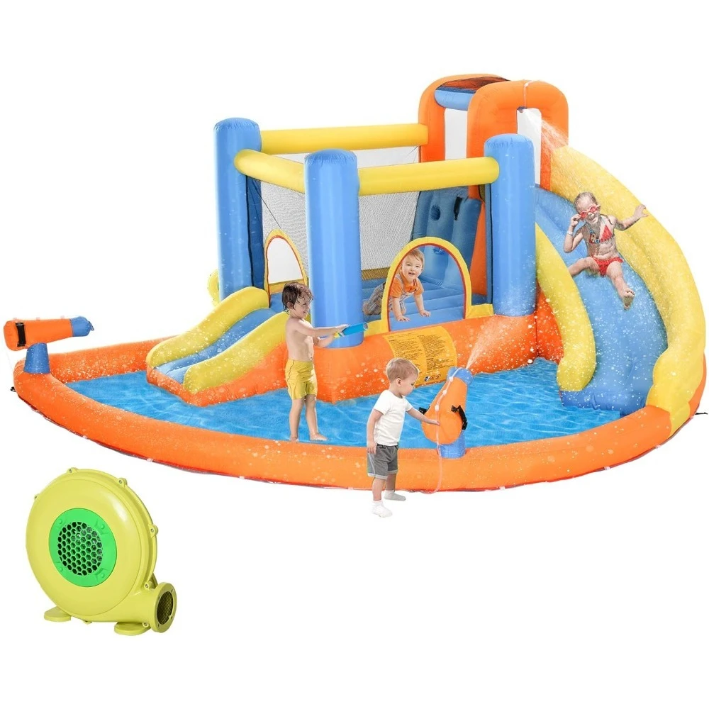 

5-in-1 Kids Inflatable Bounce House Jumping Castle with Water Pool, Slide, Climbing Walls, & 2 Water Guns, Orange, Blue, Yellow