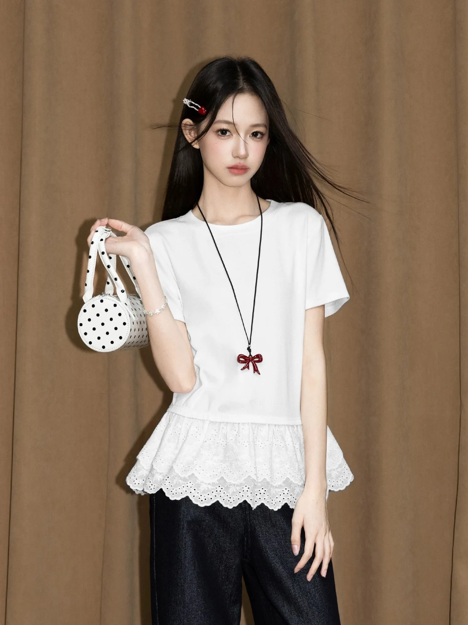 Summer New Women's round Neck Short Sleeve T-shirt 95 Cotton Lace Hem Slim Fit Shoulder Top Comfortable Breathable Casual Wear