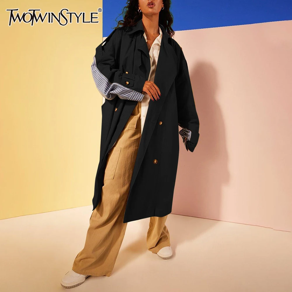 TWOTWINSTYLE Hit Color Loose Spliced Belt Trench for Women Lapel Long Sleeves Patchwork Stripe Temperament Coat Female Clothing