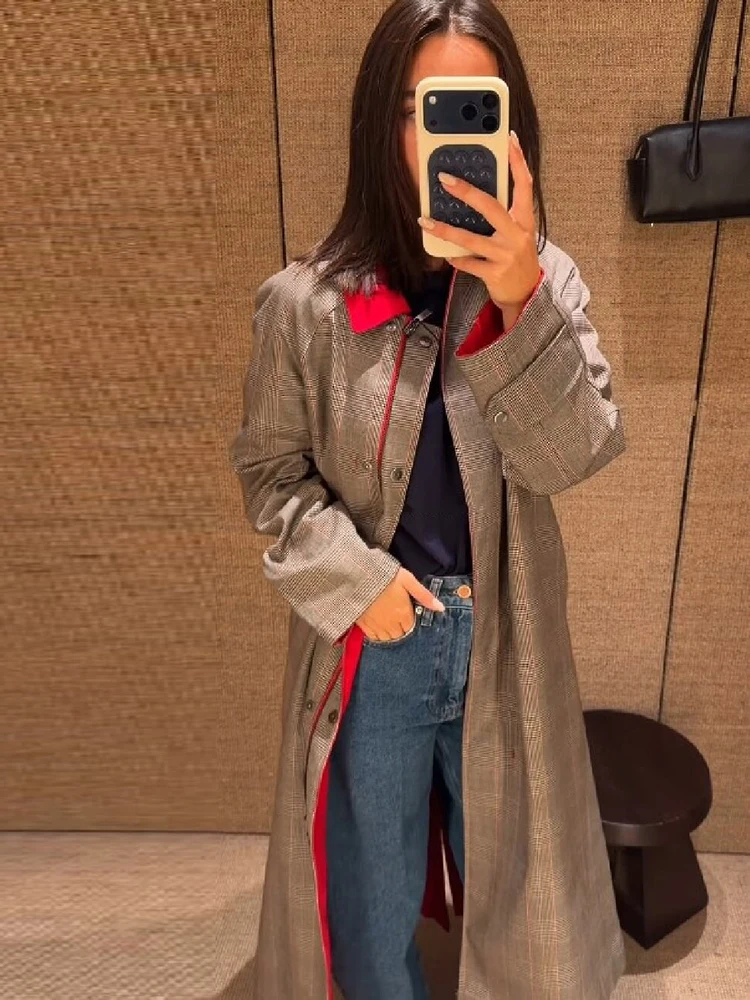 Trendy Stand Collar Reversible Long Trench Coat Plaid Solid Two‑sided Outerwear Women Chic Casual Fall Street Daily Outfit New