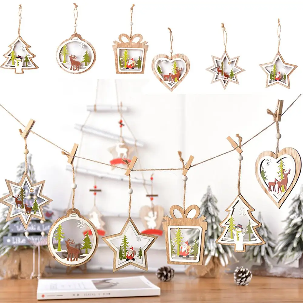 5 hohle Weihnachtsdekorationen aus Holz – Weihnachtsbaum, Elch und Schneemann, Weihnachtsatmosphäre, Dekoration