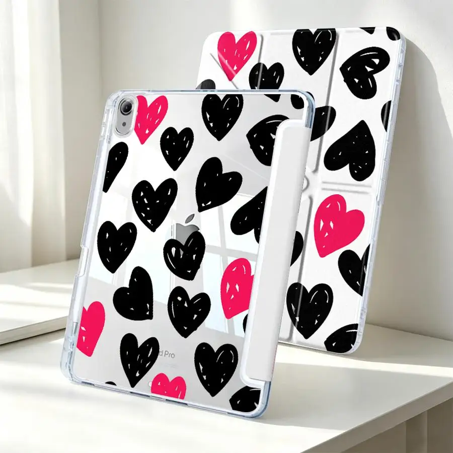 Doodle Hearts With Pen Slot Cover Tablet Case For Samsung Galaxy Tab A8 A9 Plus S7 FE S9 Plus S8 A11 S10 Lite