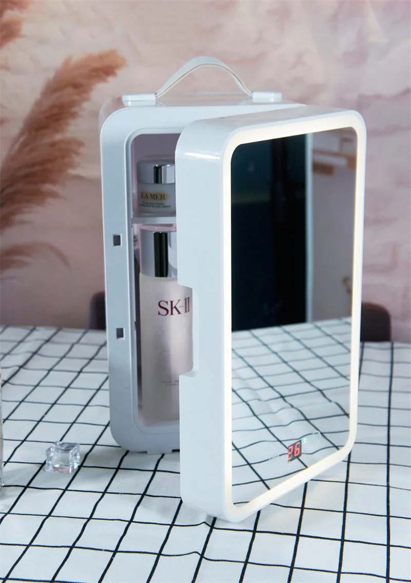 Mini geladeira elétrica com luz led espelho 6l beleza maquiagem geladeira tela sensível ao toque portátil geladeira cosmética 220v 28w