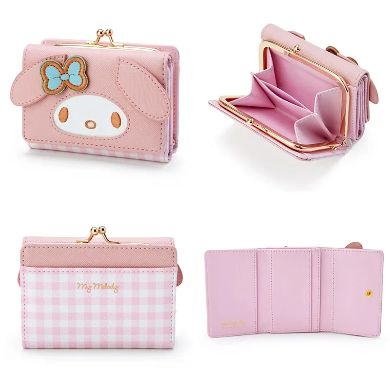 Sanrio Hello Kitty Bag Kawaii Cinnamon My Melody Kuromi Casual Fashion PU Leather Wallet Cute Folding Card Bags Birthday Gifts