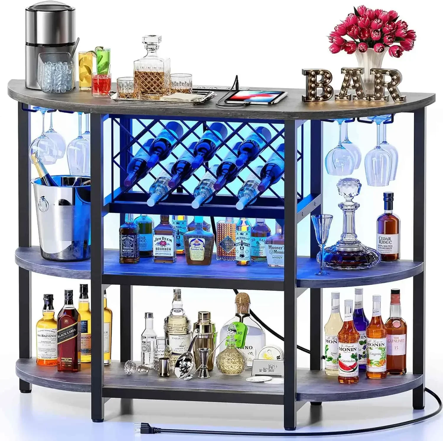 Armoire de table de bar avec prise de courant, mini armoire de bar à LED pour la maison, support de bar à vin français ou en métal avec rangement à 4 niveaux