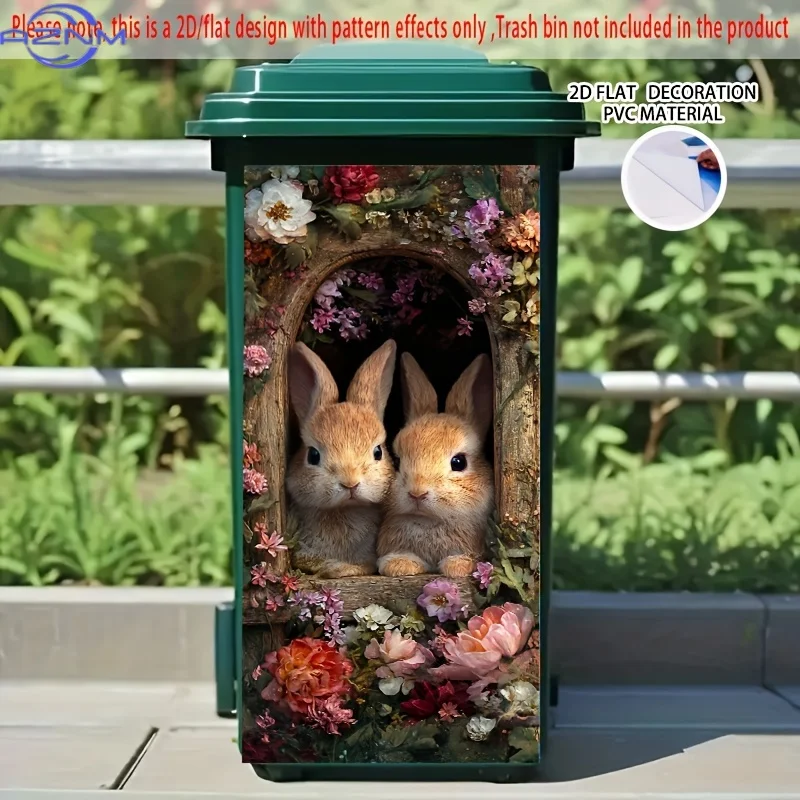 2D/FLAT, Bunny Flower Window Pattern Self-Adhesive Dustbin Stickers, 14.57*32.28inch, Two Cute Bunnies Surrounded by Flowers i