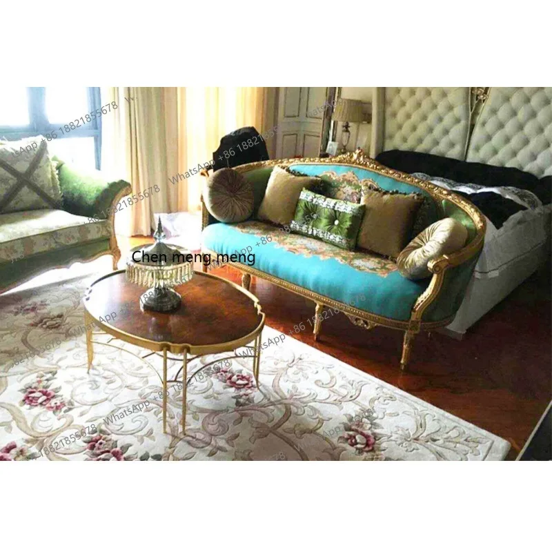 

Solid wood beech villa hotel, blue, three-person sofa