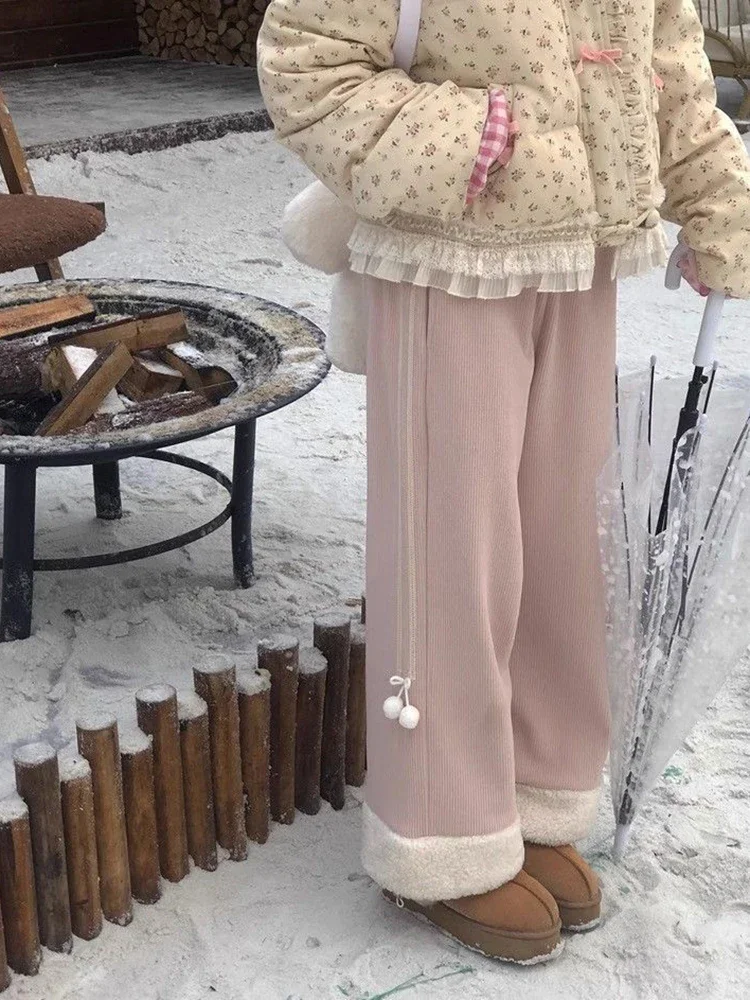 Corduroy Wide Leg Pants Women Sweet Cute Japanese Hairball Patchwork Trouser Fall Winter Thick Casual High Waist Straight Pants