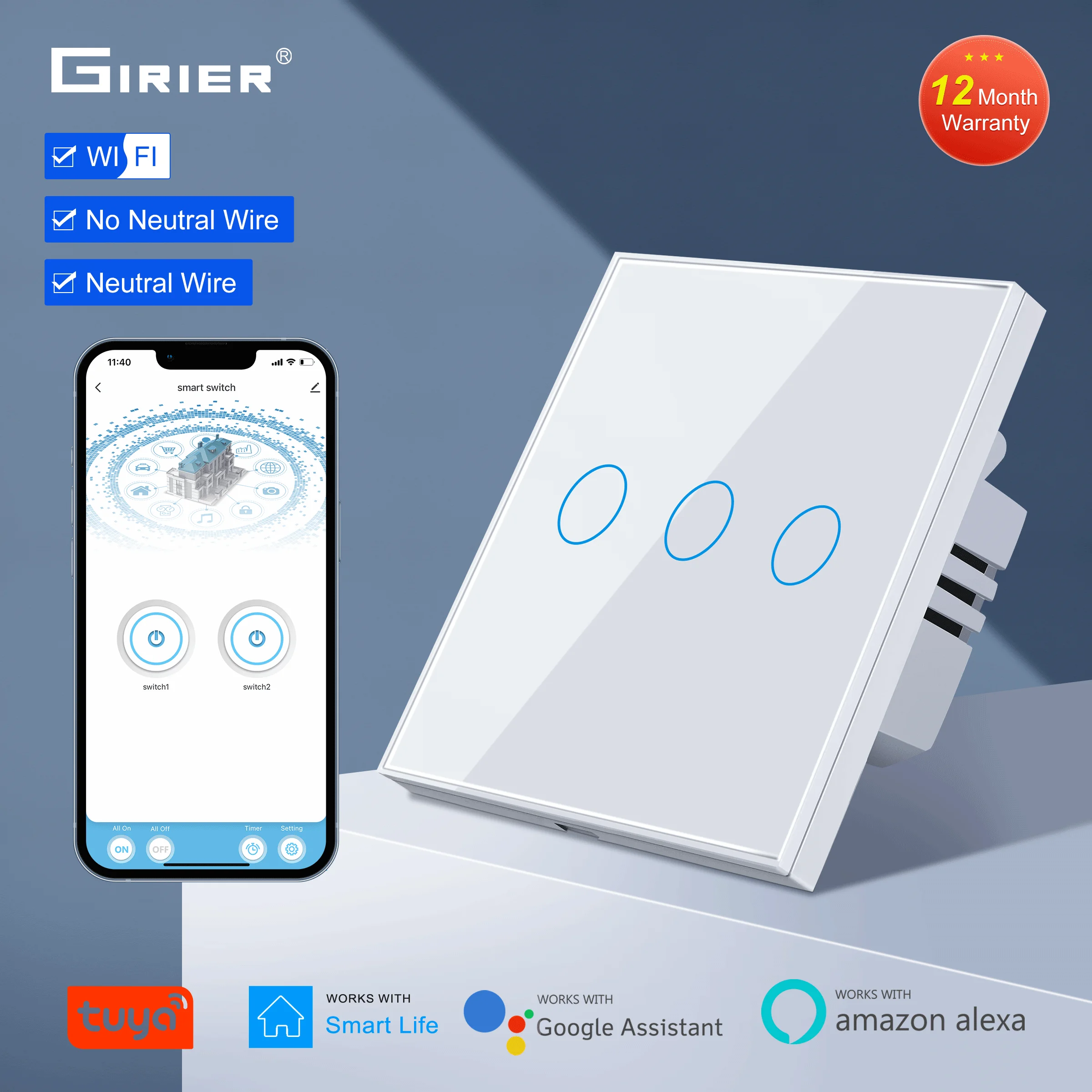 Interruptor de toque de parede wi-fi ue sem fio neutro necessário interruptor de luz inteligente 1 2 3 gang 220v tuya casa inteligente suporte alexa