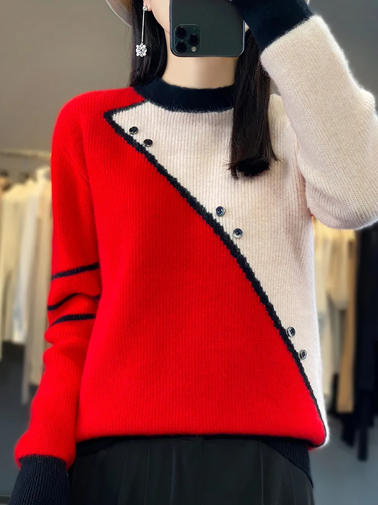 Autumn Winter New 100% Wool Knitted Pullover Women O-Neck Color Match Sweater Long Sleeve Shirt Fashion Loose Warm Thick Tops