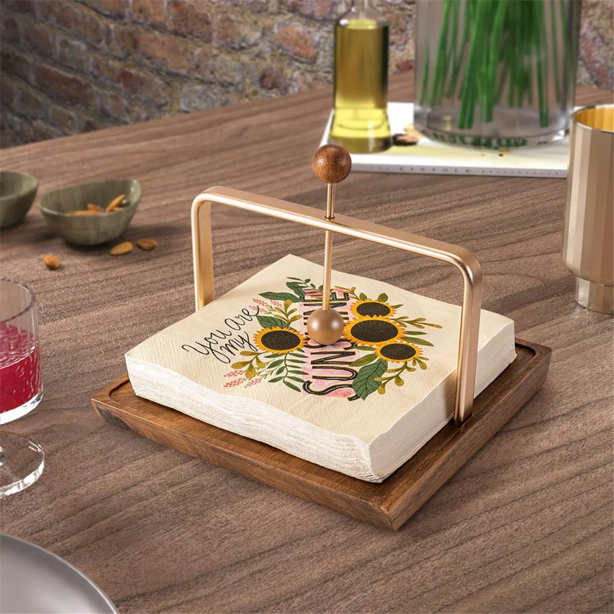 Wood Napkin Holder for Table,Tabletop Napkin Dispenser with Sophisticatedly Metal Center Bar,Cocktail Napkin Holder