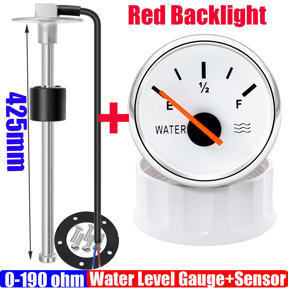 0-190Ohm Watervlotter Sensor + Waterniveaumeter Rode Kleur LED 52mm Watertank Meter Indicator Voor Marine Auto RV Camper Jacht 9-32V