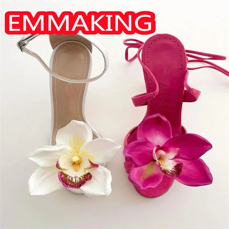 زنبق الأزهار الدانتيل يصل كعوب عالية على الموضة أحذية النساء 2024 مختلط اللون المدرج الرقص بنات حفلة المصارع الصيف الصنادل حجم 44